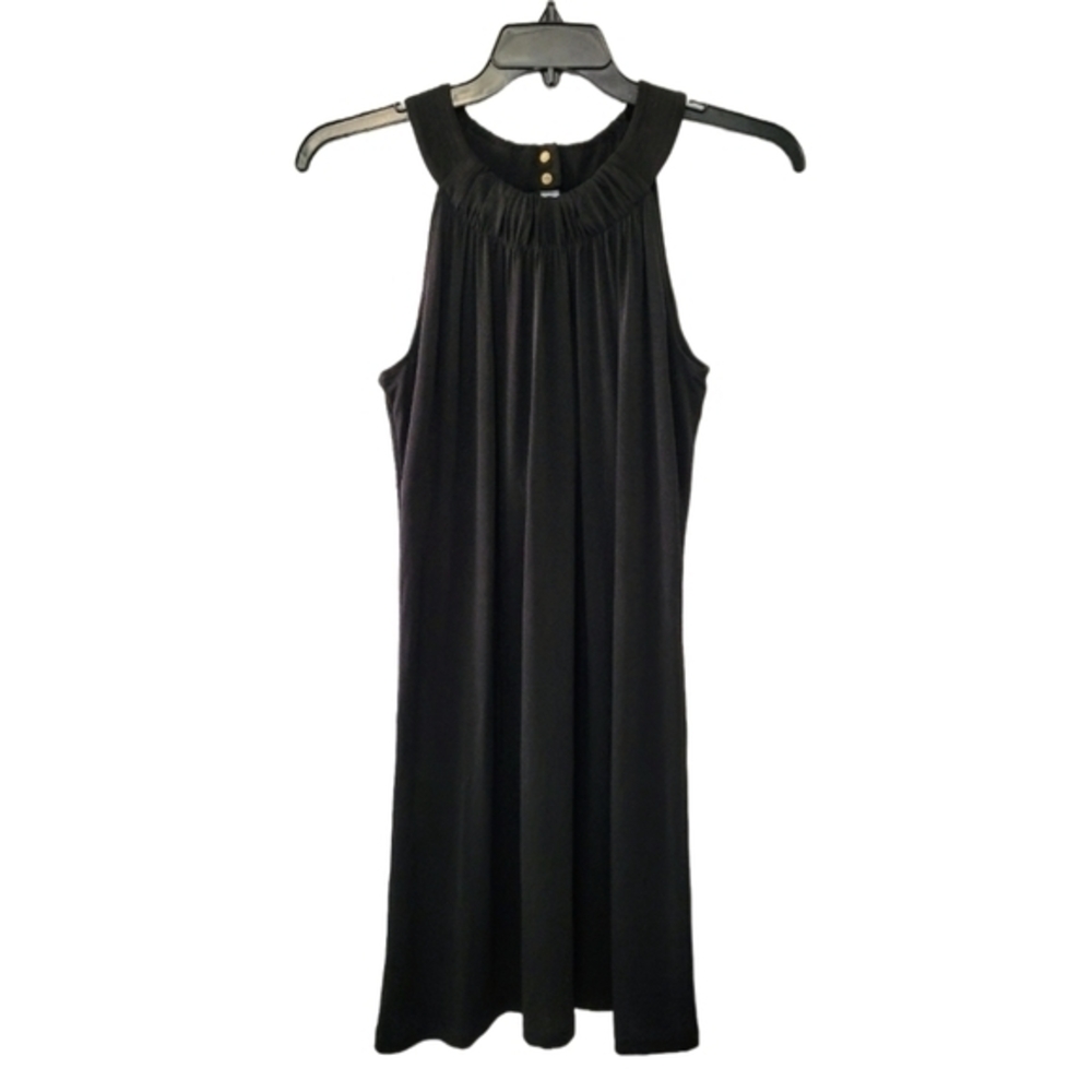 Calvin Klein Black Sleeveless‎ Halter Dress Size 8 Keyhole Back Gold Buttons LBD